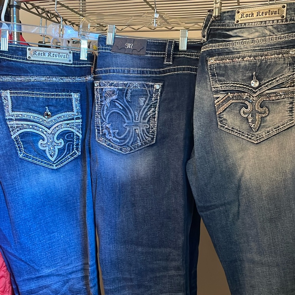3 pairs of women jeans 2 pairs of Rock Revival jeans and 1 pairs of Miss Me